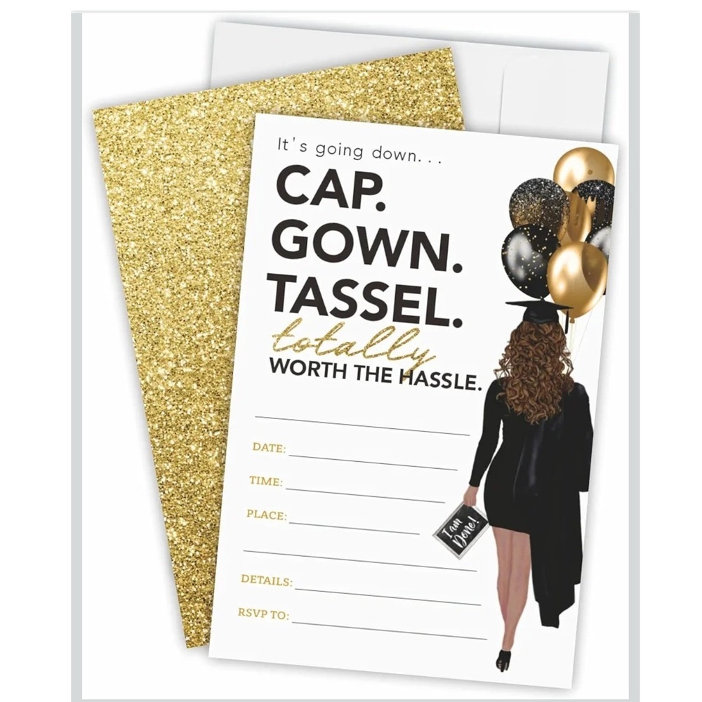 Graduation Invitation Cards Gold Glitter Cap Gown Tassel 20 count